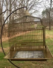 Antique Vintage HENDRYX Brass Bird Cage Hanging Birdcage Drawer Base Seed Guard