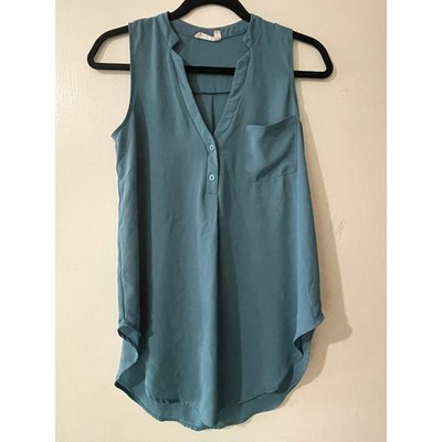Lush Teal Blue Sleeveless Split Neck High Low Blouse XS T7940C-003