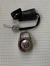 MICHAEL KORS SILVER MK LOGO LOCK AND BLACK LEATHER STRAP KEY HANDBAG CHARM