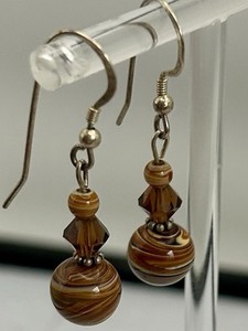 Sterling Silver Dangle Earrings Blown Glass & Austrian Crystal Beads Signed 925