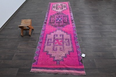 Vintage Türkischer Läufer Teppich 3x10ft Wolle Anatolisch Handarbeit Flur Ous...
