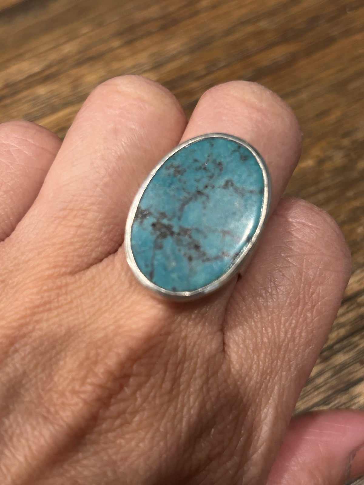 Large Sterling Silver Flat Turquoise Ring - image 2