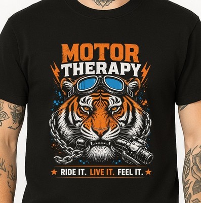 Tiger Biker T-Shirt Motor Therapy Motorcycle Goggles Rider Chain Graphic Tee.