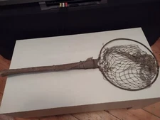 Antique Vtg hand made Primitive Fishing Landing Net FISH DECORATION Wood Metal