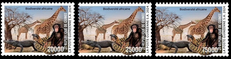 GUINEA 2024 SET 3V - GIRAFFE CHIMPANZEE BAOBAB SNAKE CROCODILE - MNH - Image 1 of 1