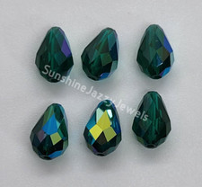 6pc Swarovski Crystal Emerald AB 9x6mm Faceted Teardrop 5500 Beads; Vintage
