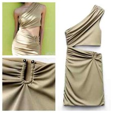 🆕Zara RRP £29 Short Dress With Cut-Out Detail Olive Green/Polyester L/Large♡