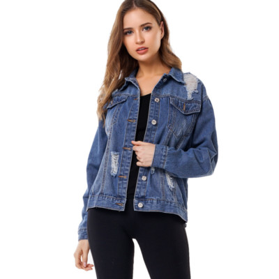 Women's Fashion Trend Simple Cool Denim Jacket Hole Loose Denim Jacket Tops