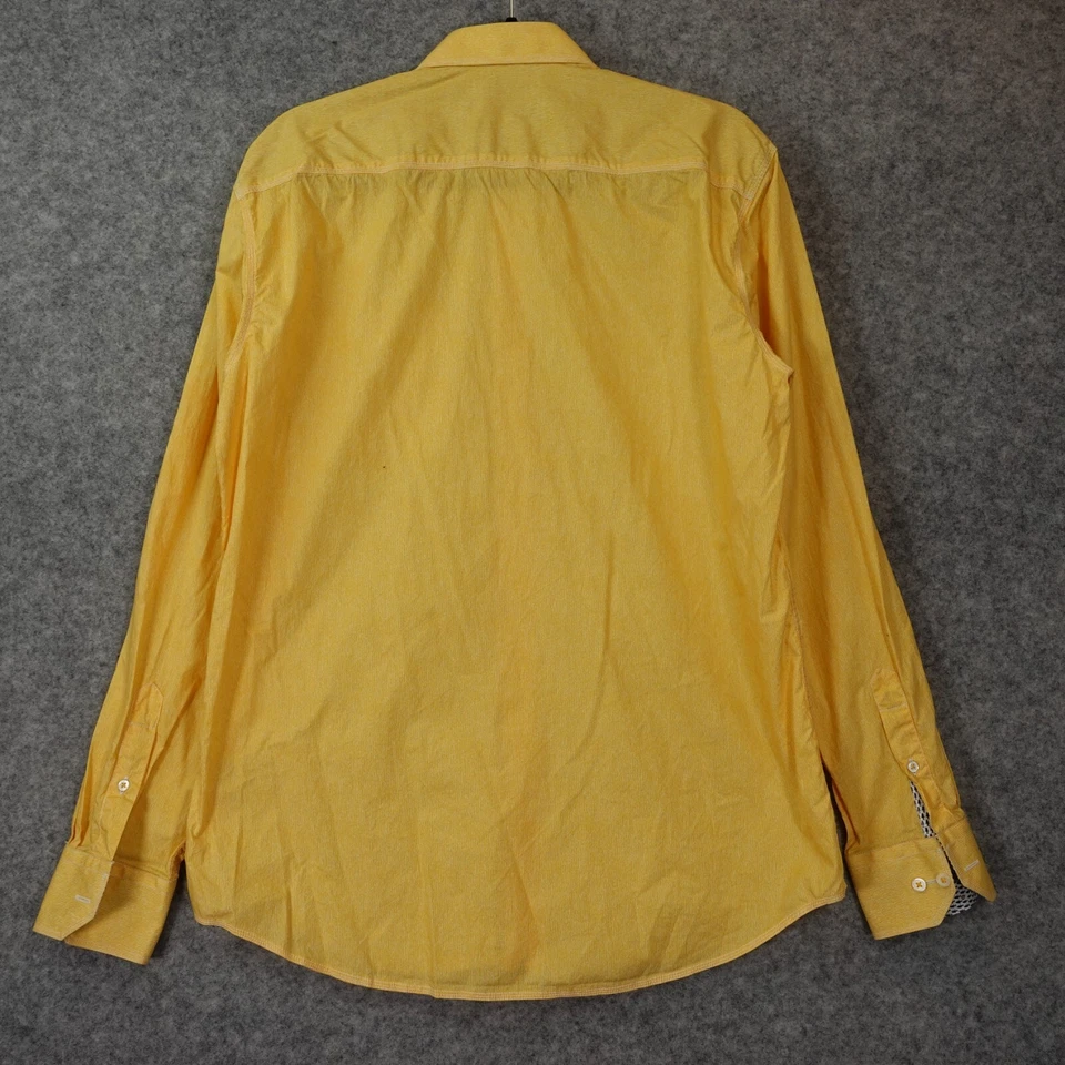 Pinstriped Dress Shirt Mens Large Yellow Flip Cuff Roll Tab Summer Fall BUGATCHI - Image 2 of 4