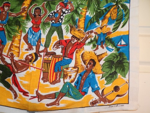 Vintage Dunmoy Irish Linen Tea Towel Native Islanders Palm Trees Limbo - Picture 3 of 6