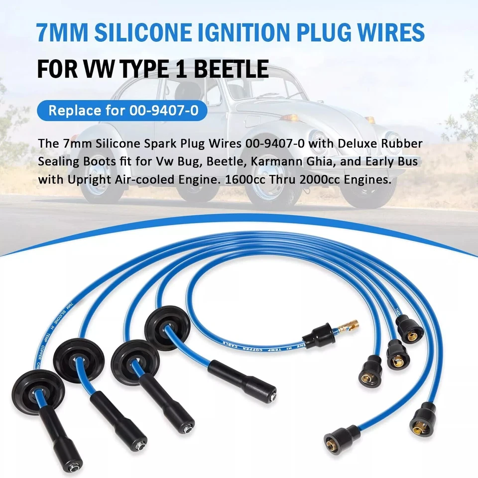 Juego de cables de bujía de encendido azul de 7 mm 00-9407-0 para VW Bug, Beetle, Karmann Ghia Foto 4 de 4