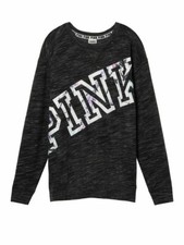 Victoria's Secret Pink Logo Campus Crew Sweatshirt Black Marl Marble Logo NWT