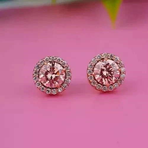 2Ct Round Cut Lab Created Pink Sapphire Halo Stud Earrings 14K Rose Gold Plated - Image 2 of 4