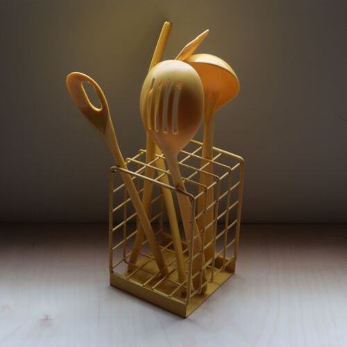 5 Pc Vintage Copco Kitchen Utensils Yellow Rare USA W/ Wire Utensil Holder - Picture 3 of 13