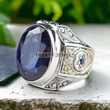 Blue Sapphire Oval Cut Gemstone With 925 Sterling Silver Ring For Men's #330 *