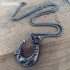 MENDEL Mens Stainless Steel Biker Fishing Hawaiian Fish Hook Pendant Necklace