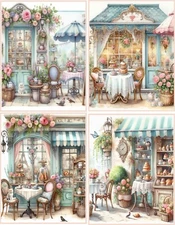 8 Shabby Chic Vintage Paris cafe glossy blank fold out note card with envelopes