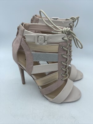 Just Fab Women's Katty Light Pink Gold Lace-Up Heels Back Zip Shoes Size 7.5