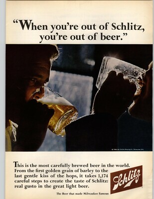 1966 Vintage Schlitz Beer Print Ad 2 Men Drinking Empty Beer Mug Close Up Photo 