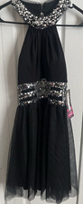Blondie Nites Stacy Sklar Black Halter Sleeveless Open Back Sequined Dress Sz 1