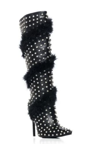 Azalea Wang schwarze Gardenia federverzierte Stiefel Größe 8 - Bild 2 von 4