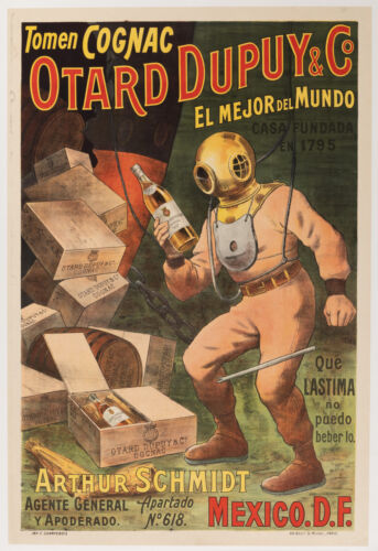 Affiche Liqueur Originale, Cognac Otard, Scaphandre Fond Marin, Plongeur, 1910