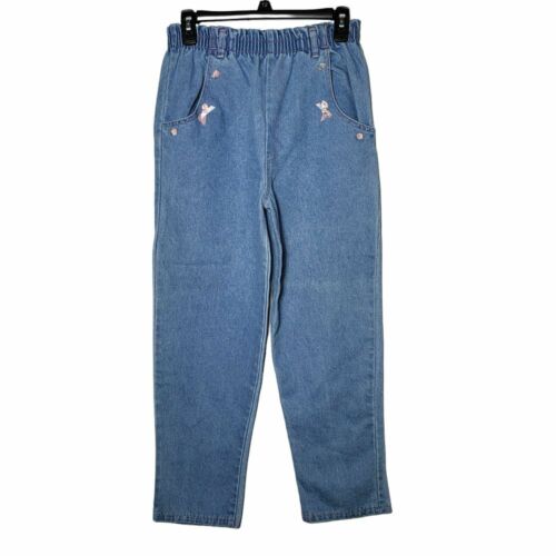 Vintage PJ's Girls Embellished Denim Blue Jean Bottoms Flowers and Bows Size 14