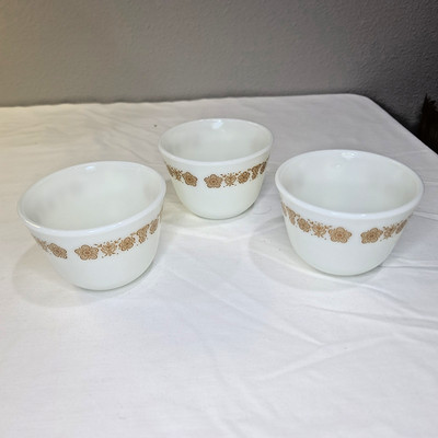3 Vintage 70s Pyrex Butterfly Gold Milk Glass Coffee Tea Cup Mugs