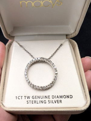 Macy's 1 CT TW Genuine Diamond Circle Pendant Sterling Silver Setting-Chain-NIB