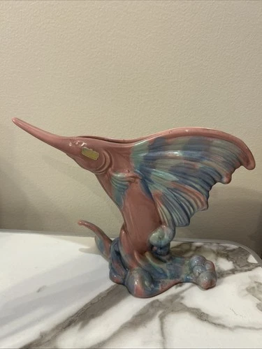 Royal Haeger Hickman Sailfish Sword-Fish Planter Vase Mauve Agate Glaze Vintage
