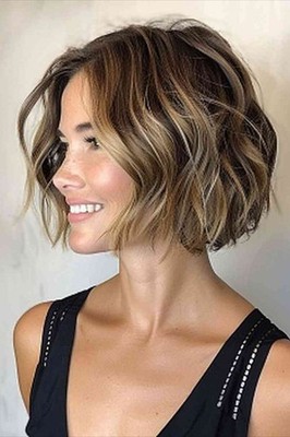Short Wavy Bob Cut Brown with Blonde Highlight Lace Front 100% Human Hair Wigs