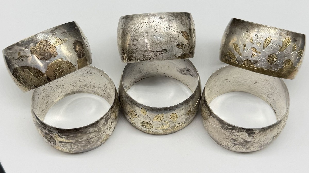 Set of 6 Vintage Japanese 950 Silver Engraved Various Nature Scene 