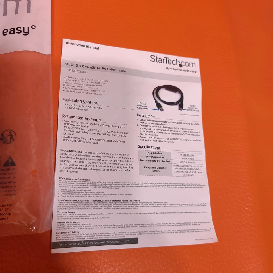 Startech USB 3.0 To eSATA HDD SSD ODD Drive Adapter Cable 3 Ft Long USB3S2ESATA3 - Image 4 of 4