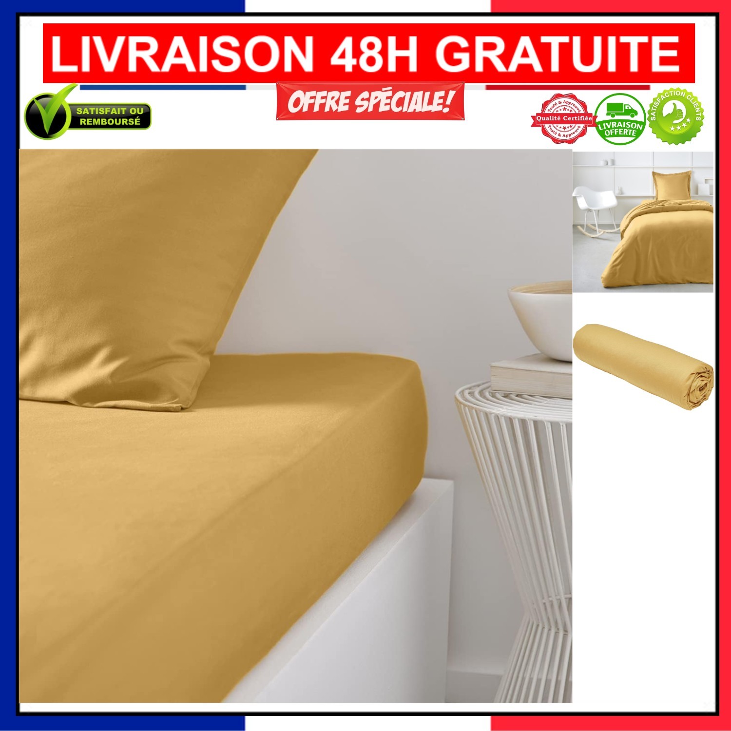 Drap housse 90x190 ocre en coton doux anti-glissement lit 1p