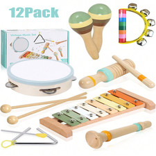 12Pcs Toddler Musical Wooden Instruments Set Percussion Instrument Musical Toy