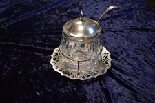 Vintage glass marmalade/jam pot in silver-plated stand with spoon