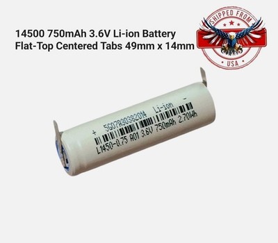 14500 750mAh 3.6V Lithium Ion Battery Centered Tabs Rechargeable Li-ion 49x14mm