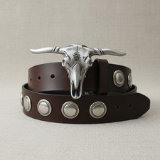 Men Western Dark Antique Silver Metal Belt Buckle Long Horn Texas Cow Bull Skull