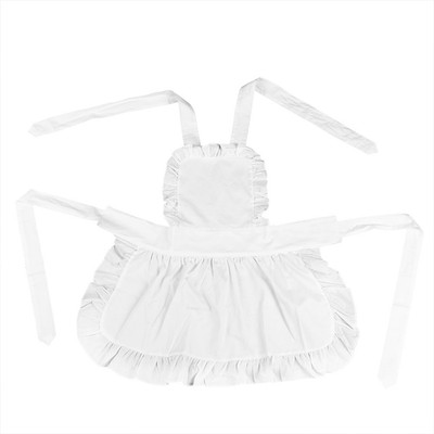 White Cotton Women Maid Apron Ruffle Hem Kitchen Solid Color Apron SET