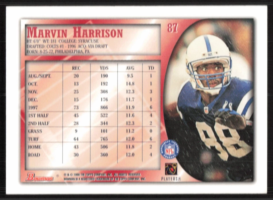 Marvin Harrison, 1998 Bowman, #87, Indianapolis Colts, - Image 2 of 2