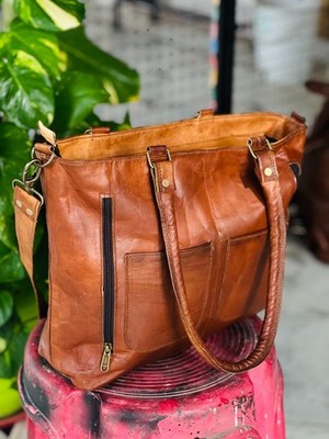 14'' Women's Genuine Reliable Goat Leather Tote Shopping Handmade Bag