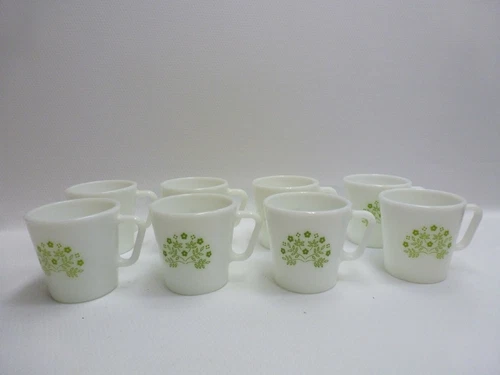 Pyrex Coffee Mugs Green Summer Impressions Milk Glass Set of 8 GC