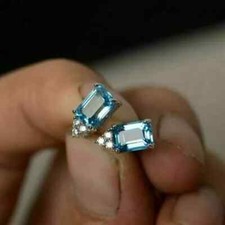 3Ct Emerald Cut Aquamarine Solitaire Women's Stud Earrings 14K White Gold plated