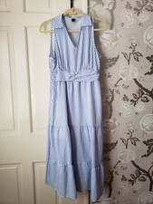 SHEIN VCAY Blue White Stripe Sleeveless A-Line Midi Dress Sz L Ruffle Womens