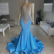 Blue Mermiad Evening Dresses Silver Diamonds Rhinestone Beaded Party Prom Gowns