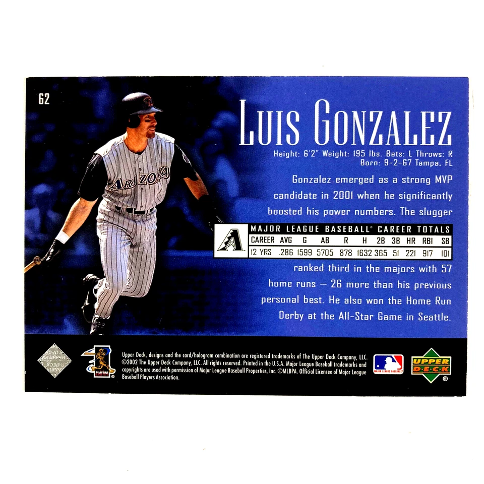 Luis Gonzalez 2002 Upper Deck Piece of History Card #62 MLB Arizona Diamondbacks - Image 2 of 2