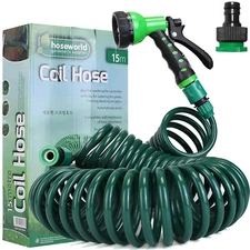 24FT-65FT Coil Garden Hose EVA Flexible Water Self-coiling Hose w/ 7 Spray Nozzl