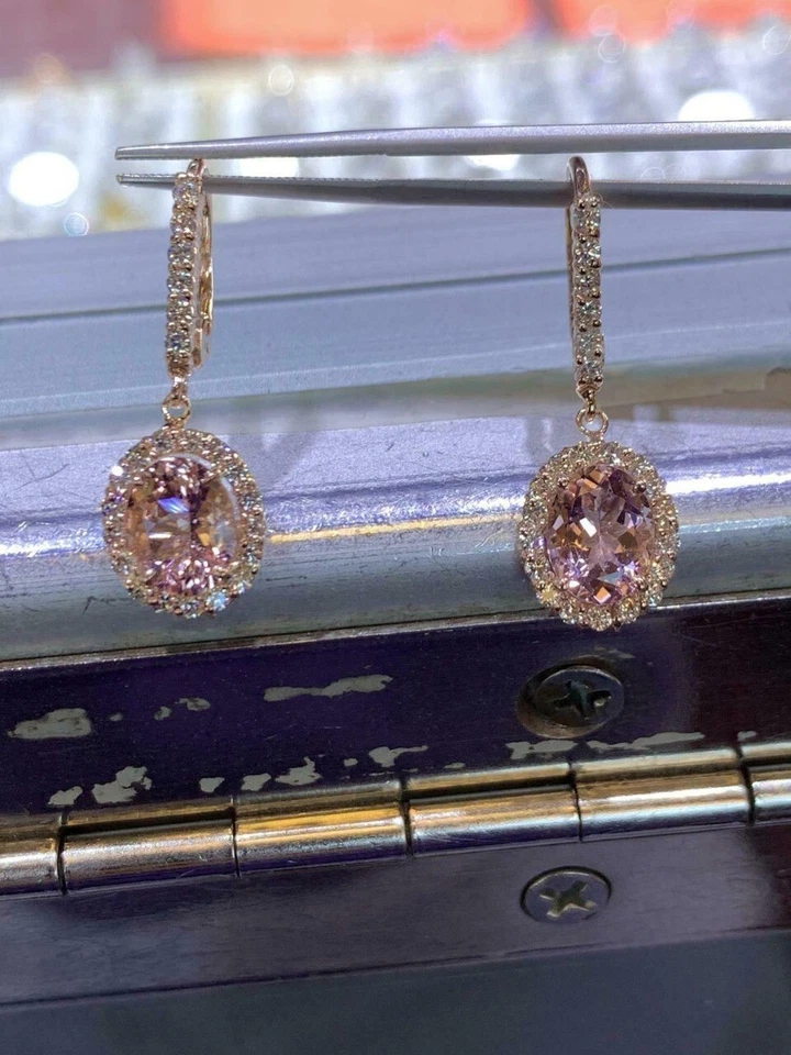 Real Morganite 2Ct Oval Cut Women's Drop Dangle  Earrings 14K Rose Gold Finish - Image 2 of 4