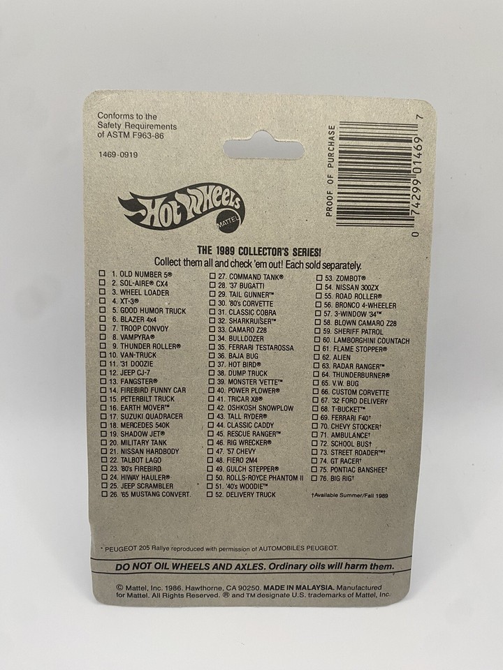 1989 Hot Wheels Peugeot 205 Rallye Speed Fleet New Model Long Card (BW) eBay