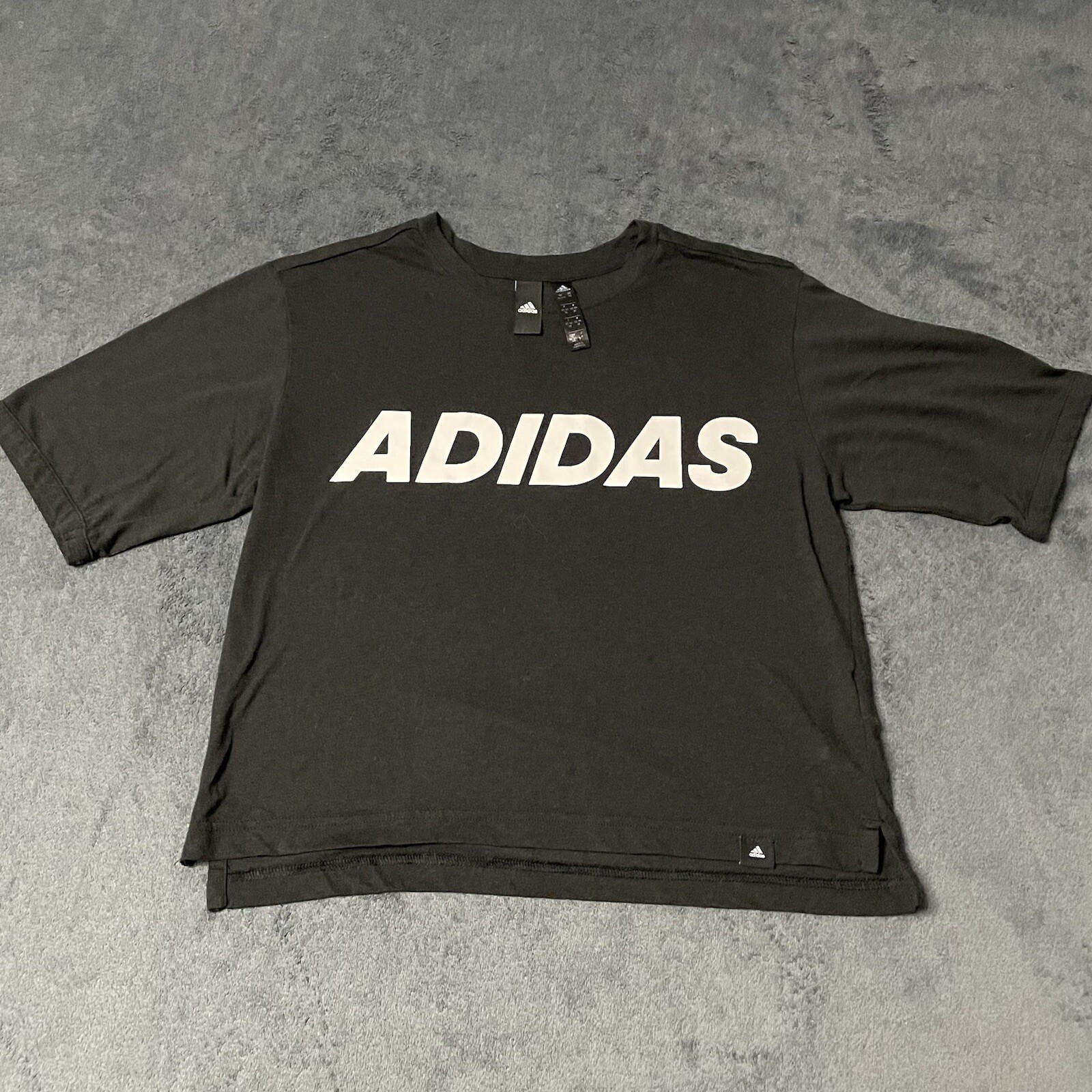 Adidas Shirt Womens XS Black Spell Out Short Sleeves Cropped Top Athleisure Gym